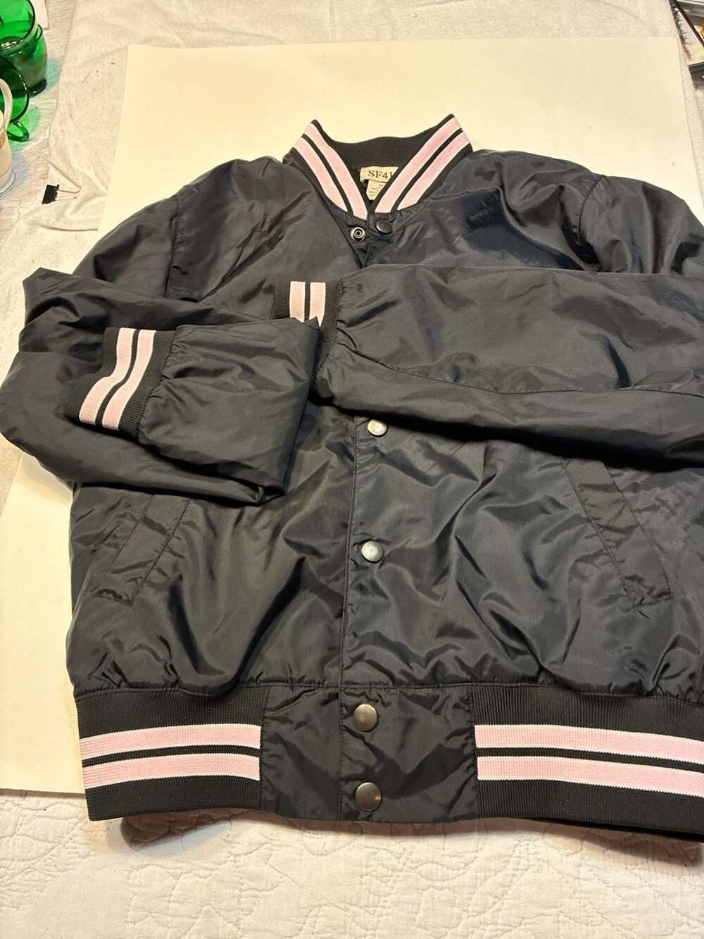 SF415 Vintage Style Varsity Bomber Jacket in Black and Pink